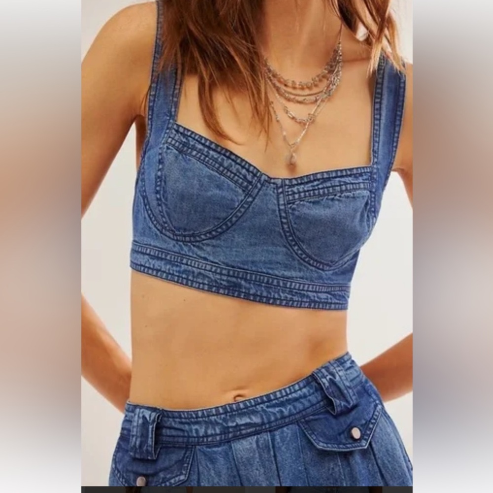 FREE PEOPLE Maddox Denim Bra Top in Blue Shadow Size Small